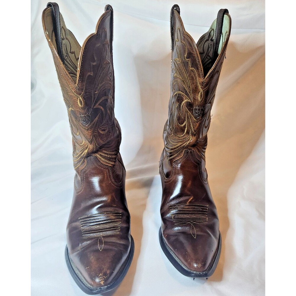 Vintage Ariat Womens Cowboy Boots 8.5 Brown Leather Snip Toe Embroidered Western